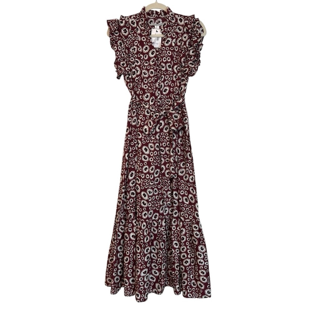 Outerknown Canyon Cotton Ruffle Floral Tiered Maxi Dress Currant Burgundy XS NWT